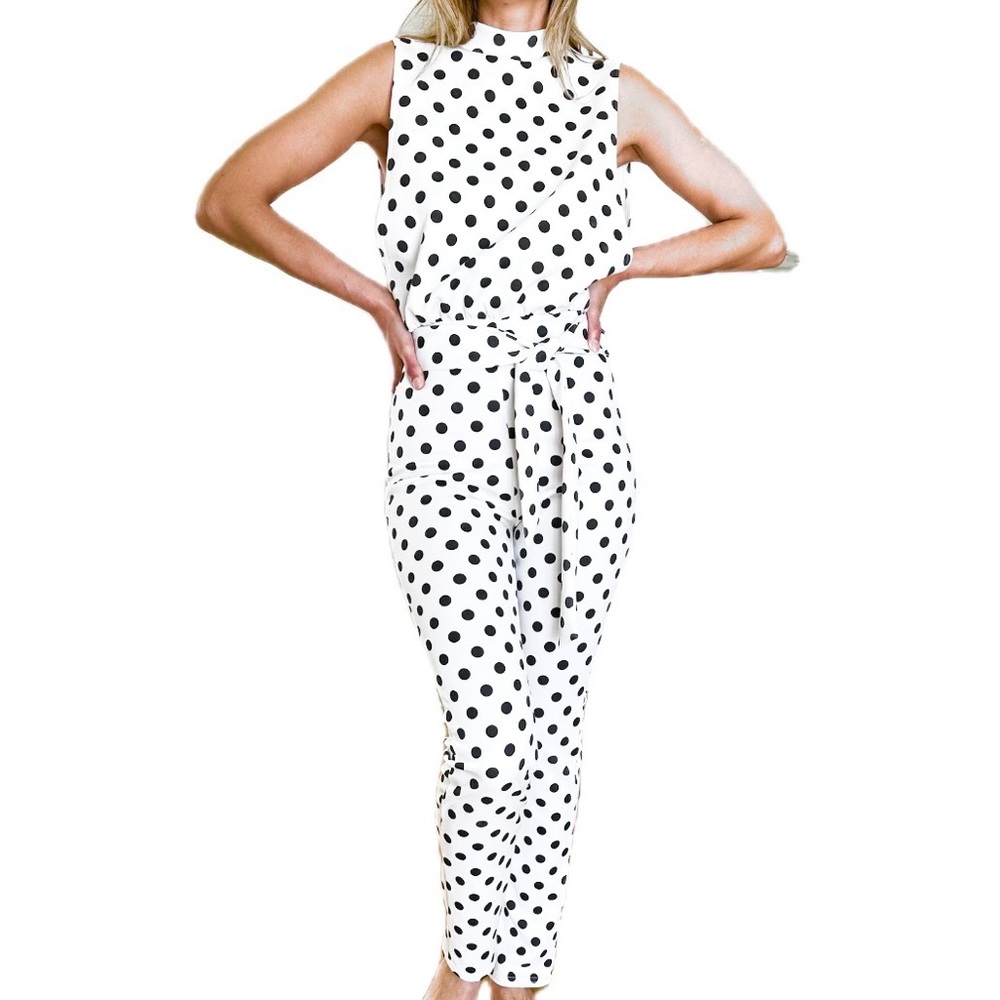 PrettyLittleThing White Sleeveless Polka Dot Jumpsuit with Waist Tie